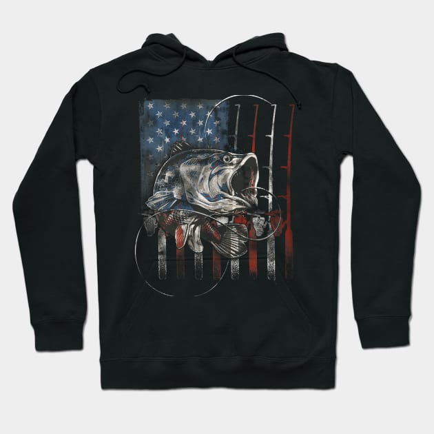 Fishing American Flag Vintage Usa Bass Fisherman Gift Hoodie by Jannysingle